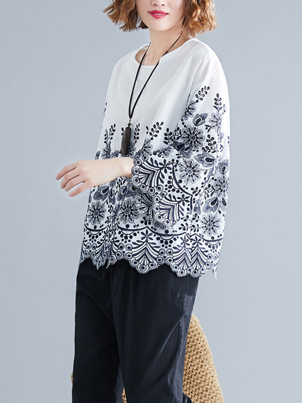 Hollow Print Loose Three-quarter Sleeves Round-neck Blouses&shirts Tops