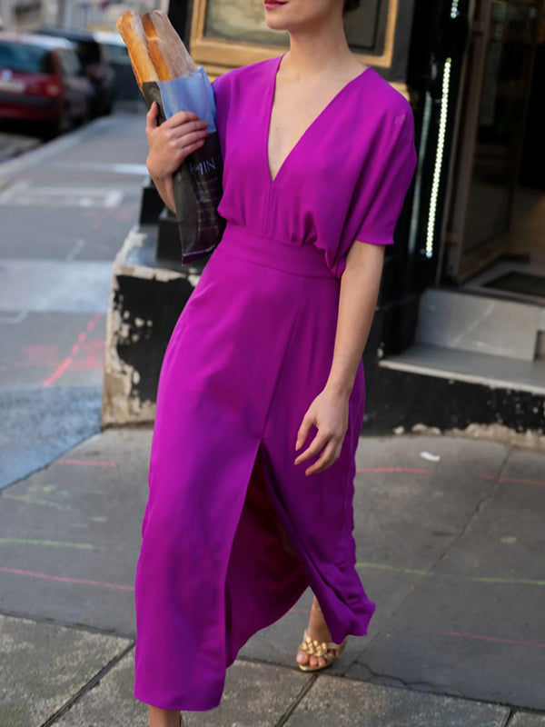 Backless Solid Color Split-Side Batwing Sleeves Loose Deep V-Neck Midi Dresses