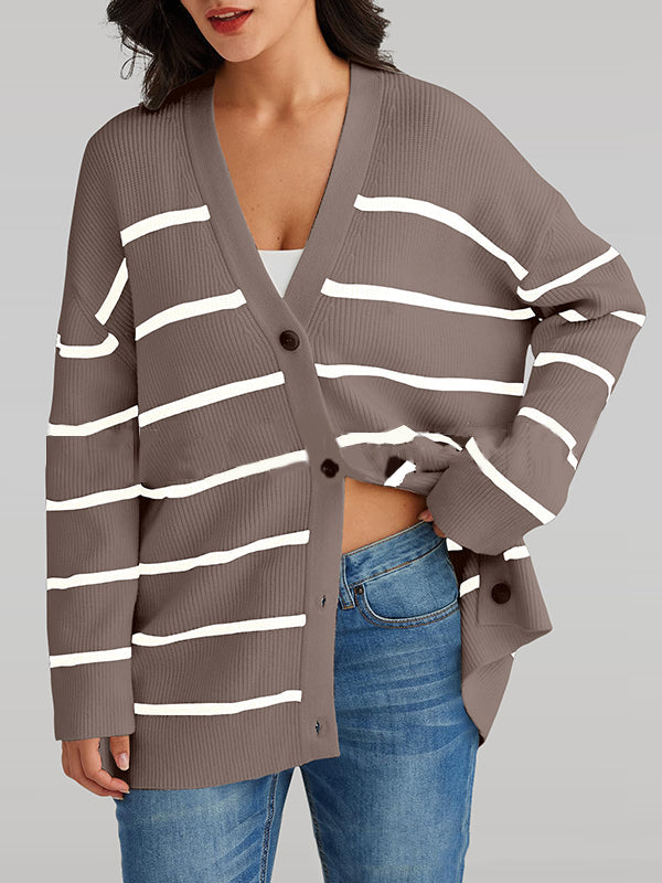 Split-Joint Striped Long Sleeves Loose V-Neck Cardigan Tops