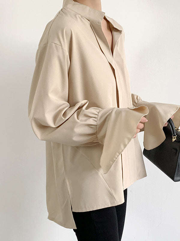 Solid Color Flared Sleeves High-low V-neck Blouses&shirts Tops