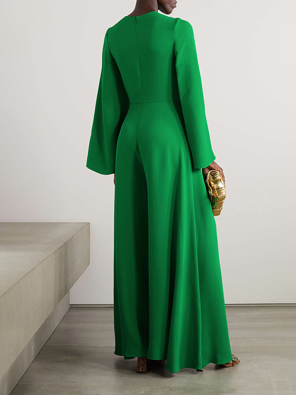 Flared Sleeves Long Sleeves Solid Color Split-Joint Zipper Round-Neck Wide Leg Jumpsuits