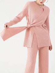 Loose Asymmetric Solid Color Long Sleeves Split-Front Round-Neck Sweater Top + Pants Bottom Two Pieces Set