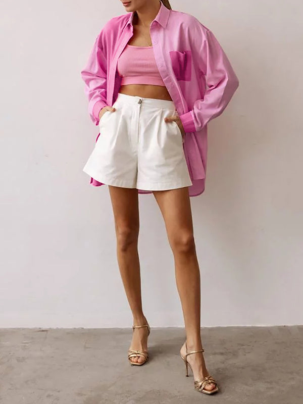 Buttoned Contrast Color Pockets Split-side High-low Long Sleeves Lapel Blouses&shirts Tops