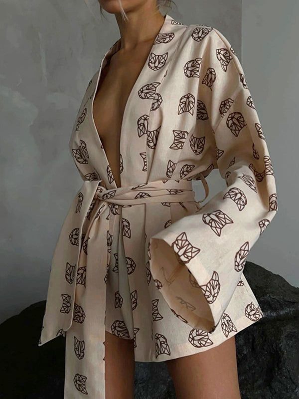 Loose  Printed  Long Sleeves Tied Waist Robes + High-Waisted Short Bottom Robes Pajama Sets