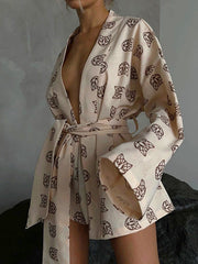 Loose  Printed  Long Sleeves Tied Waist Robes + High-Waisted Short Bottom Robes Pajama Sets