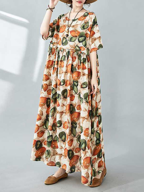 Pleated Printed Split-Joint Half Sleeves Loose Round-Neck Midi Dresses