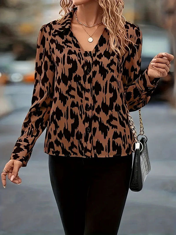 Buttoned Contrast Color Printed Long Sleeves Loose Lapel Blouses&Shirts Tops