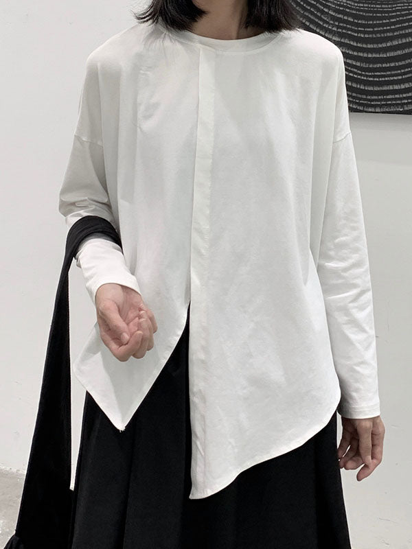 Asymmetric Solid Color Split-Front Split-Joint Long Sleeves Loose Round-Neck T-Shirts