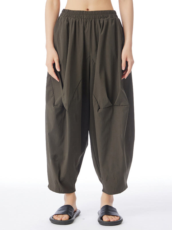 Elasticity Pleated Solid Color Split-Joint Harem Pants Loose Pants Cropped Trousers