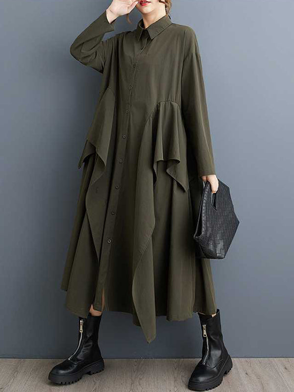 Buttoned Pockets Ruffle Trim Solid Color A-Line Long Sleeves Lapel Midi Dresses