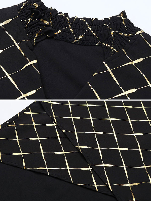 Bronzing Elasticity Split-Joint Long Sleeves Loose V-Neck Blouses&Shirts Tops