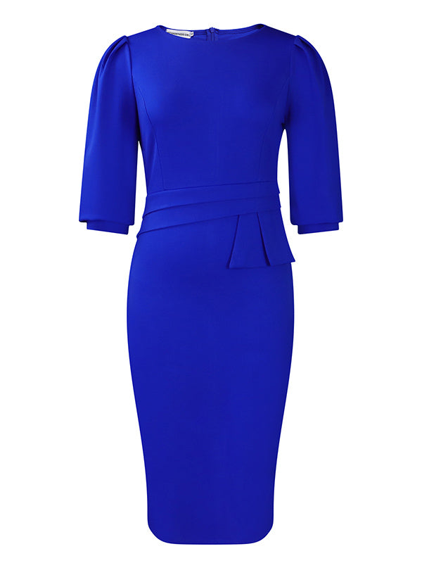 Pleated Solid Color Split-Back Split-Joint Zipper Bodycon Half Sleeves Round-Neck Midi Dresses