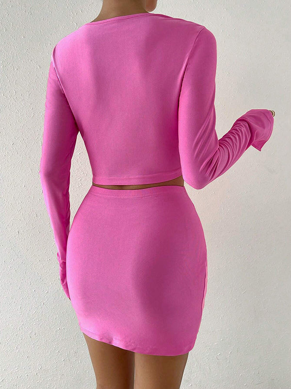 Hollow Knot Pleated Solid Color Bodycon Long Sleeves Round-Neck Two Pieces Set