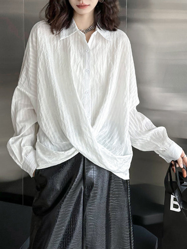 Buttoned Solid Color Long Sleeves Loose Lapel Blouses&Shirts Tops