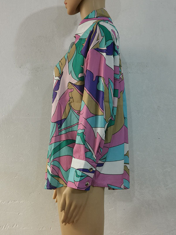 Contrast Color Printed Long Sleeves Loose Lapel Blouses