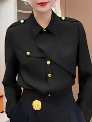 Asymmetric Buttoned Long Sleeves Loose Lapel Blouses&shirts Tops