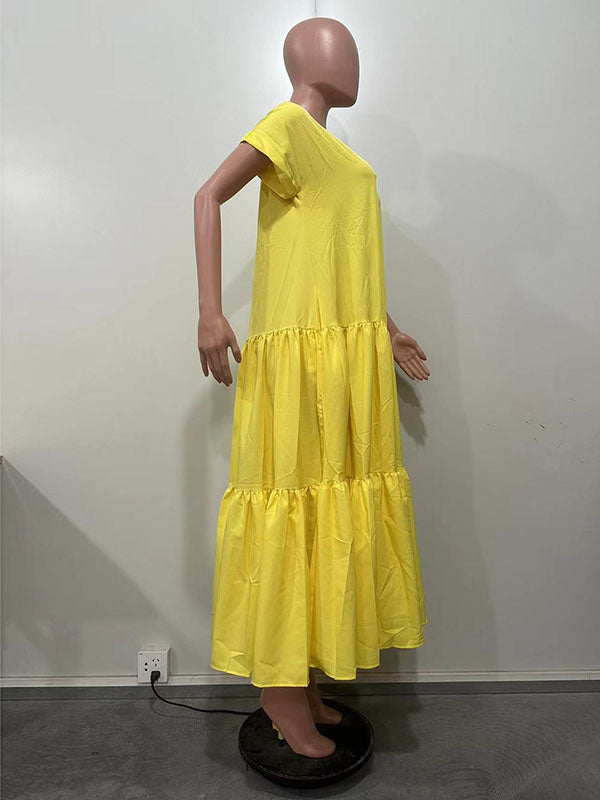 Pleated Solid Color Split-Joint A-line Loose V-neck Maxi Dresses