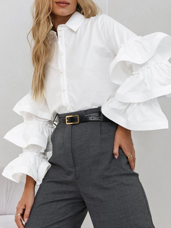 Buttoned Pleated Ruffled Solid Color Split-Joint Long Sleeves Loose Lapel Blouses&Shirts Tops