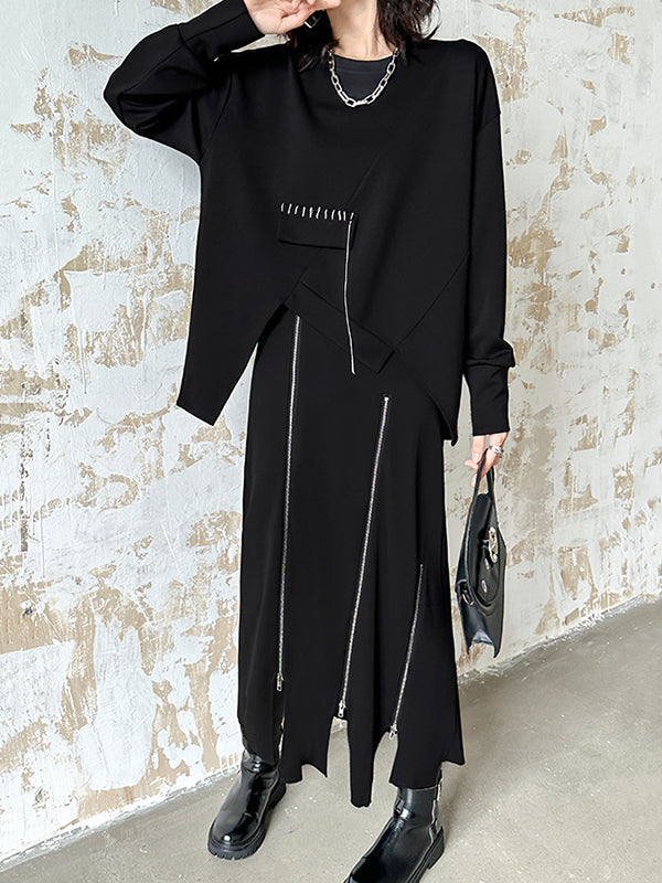 Asymmetric Long Sleeves Loose Round-Neck Sweatshirt Tops