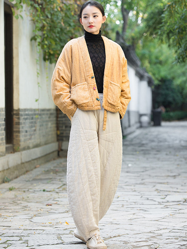 Casual Loose Keep Warm Quilted Solid Color Padded Bloomers Pants