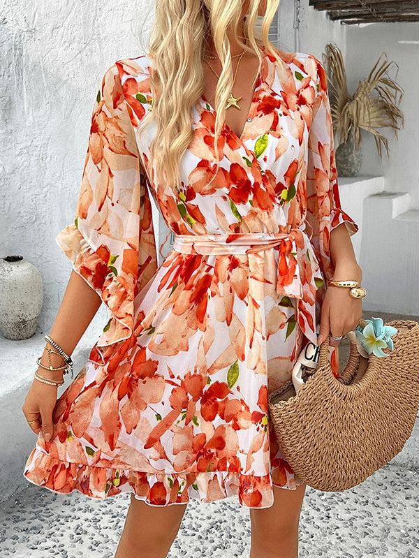 Flower Print Ruffle Trim Split-Joint Tied Waist Flared Sleeves Half Sleeves V-Neck Mini Dresses