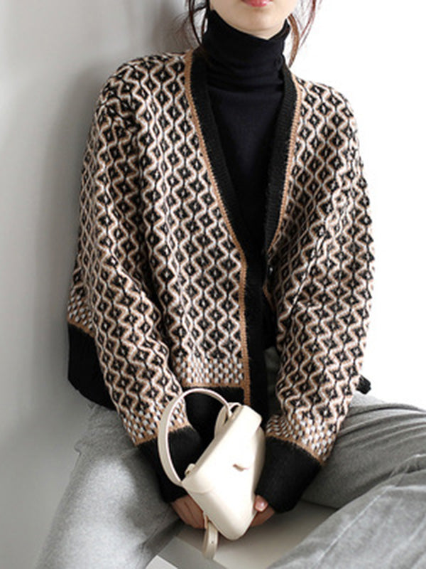 Vintage Loose Rhombic V-Neck Cardigan