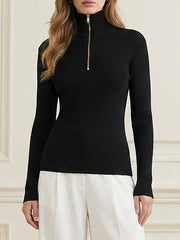 Long Sleeves Skinny Solid Color Zipper High Neck Pullovers