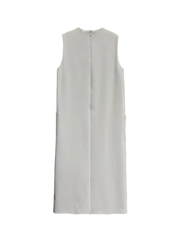 Pockets Solid Color Split-Back Zipper High Waisted Loose Round-Neck Midi Dresses