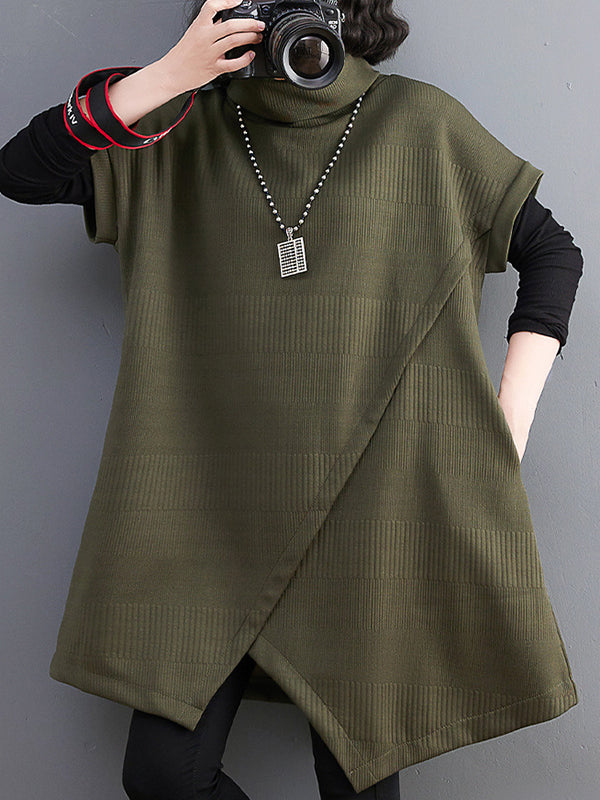 Asymmetric Solid Color Split-front Split-Joint Loose Raglan Sleeve High-neck Mini Dresses Knitwear