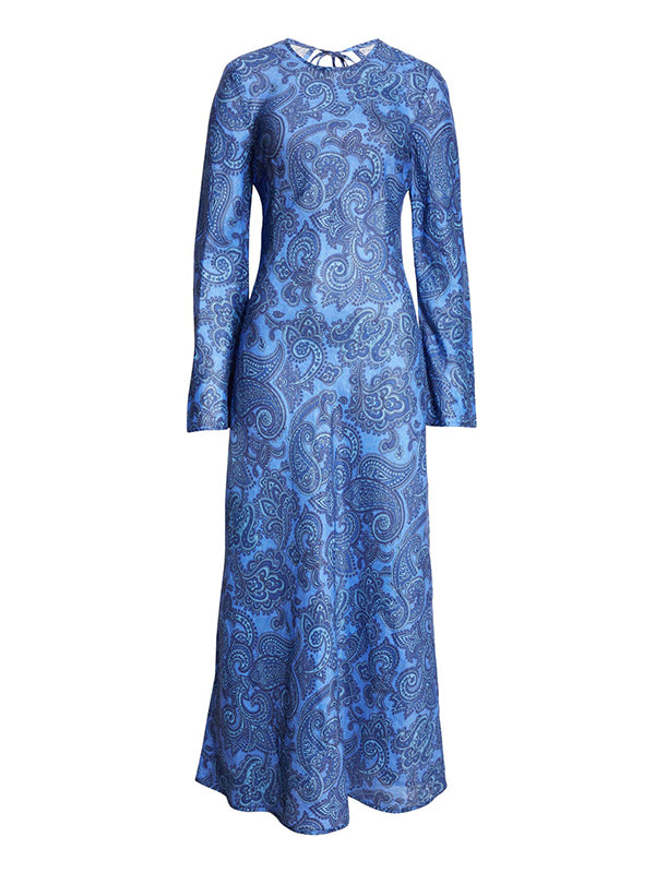Backless Printed Split-Joint Tied Long Sleeves Loose Round-Neck Maxi Dresses