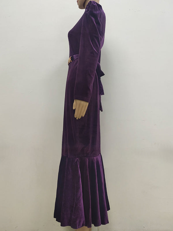 Belted Solid Color Zipper Mermaid Wrap Round-Neck Midi Dresses