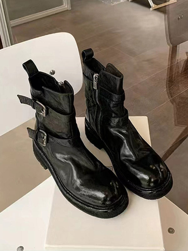 Belt Buckle Round-Toe Split-Joint Zipper Boots