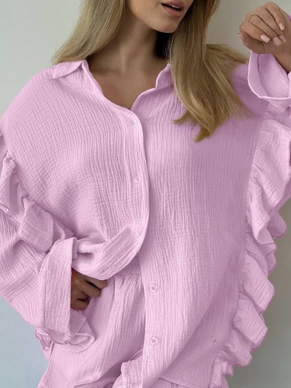 Split-Joint Lapel Long Sleeves Loose Buttoned Ruffle Trim Solid Color Blouses Tops + Elasticity Shorts Bottom Two Pieces Set