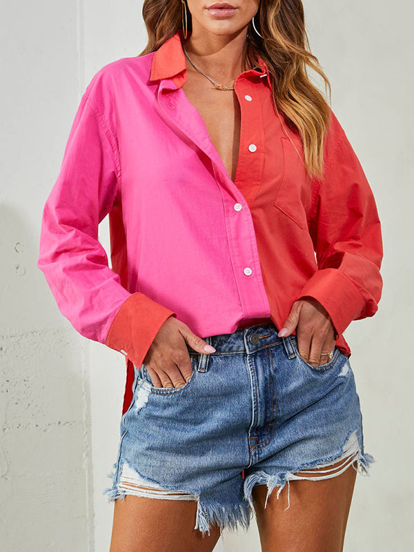 Buttoned Contrast Color Loose Wrap Lapel Blouses&Shirts Tops
