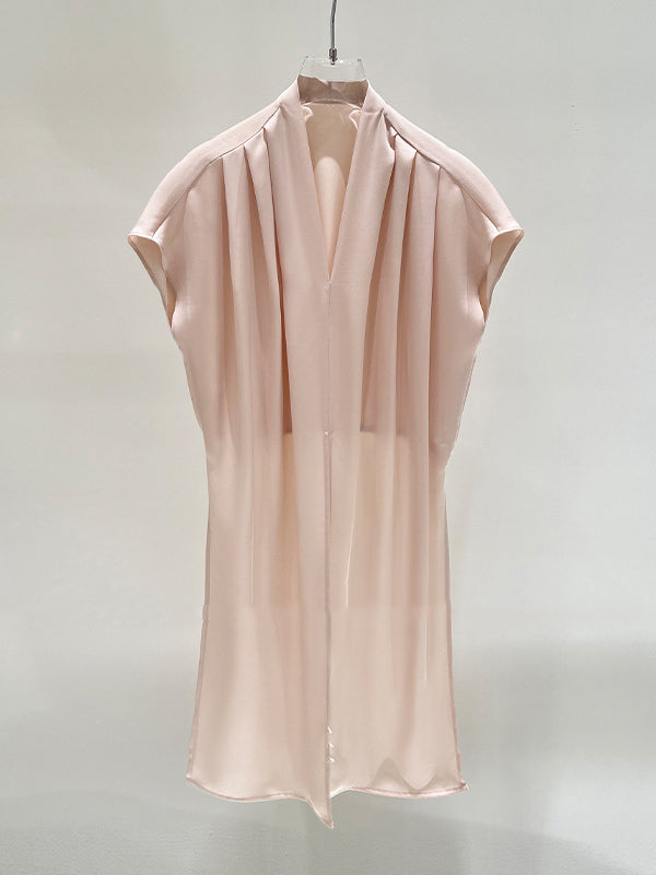 Knot Pleated Solid Color Split-Joint Loose Raglan Sleeve V-neck Blouses&shirts Tops