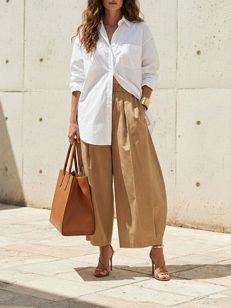 Loose Wide Leg Pleated Pockets Solid Color Pants