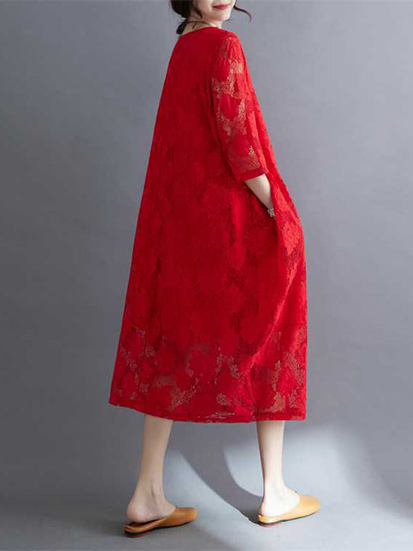 Hollow Solid Color Half Sleeves Loose Round-Neck Midi Dresses