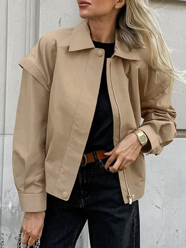 Buttoned Elasticity Solid Color Zipper Long Sleeves Loose Lapel Outerwear Jackets