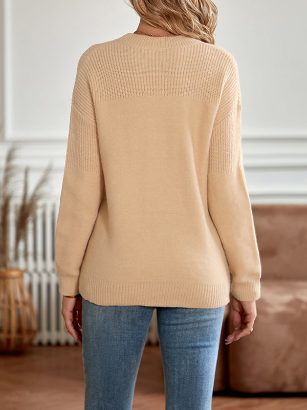 Solid Color Long Sleeves Loose Round-Neck Sweater Tops Pullovers