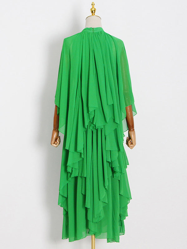 Solid Color Tiered Loose Raglan Sleeve Stand Collar Maxi Dresses