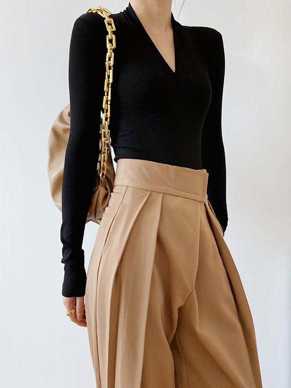 Solid Color Long Sleeves Skinny V-Neck T-Shirts Tops
