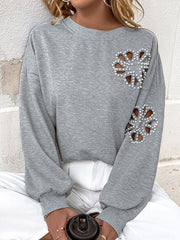 Asymmetric Hollow Split-Joint Loose Puff Sleeves Round-Neck Sweatshirt Tops