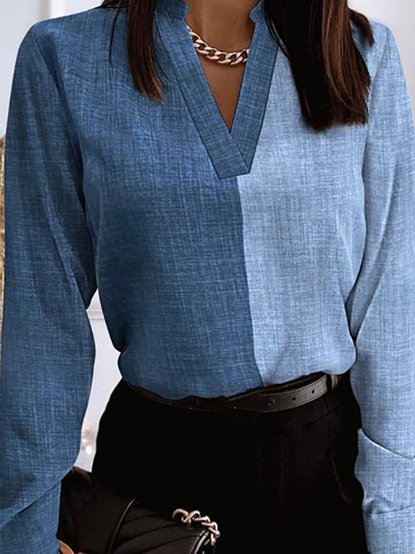 Contrast Color Split-Joint Long Sleeves Loose V-neck Blouses&shirts Tops