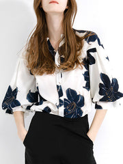 Contrast Color Flower Print Loose V-neck Blouses&shirts Tops