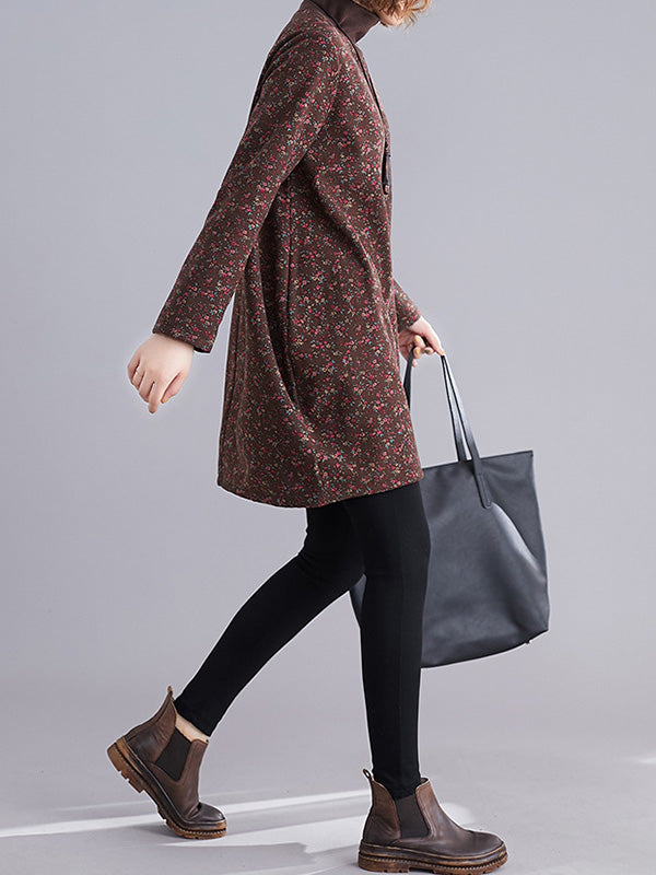 Vintage Loose Long Sleeves Floral Printed High-Neck Mini Dresses