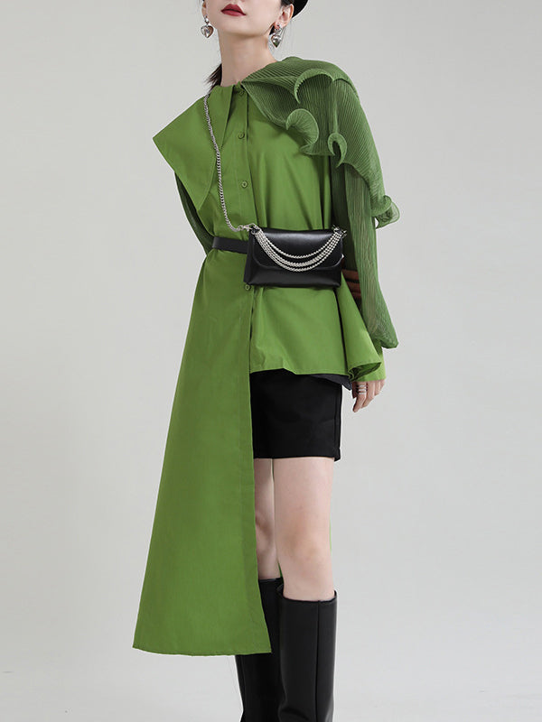 Asymmetric Pleated Solid Color Split-Joint Falbala Long Sleeves Loose Lapel Blouses&shirts Tops