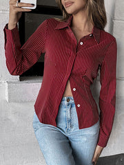 Buttoned Contrast Color Striped Long Sleeves Skinny Lapel Blouses&Shirts Tops