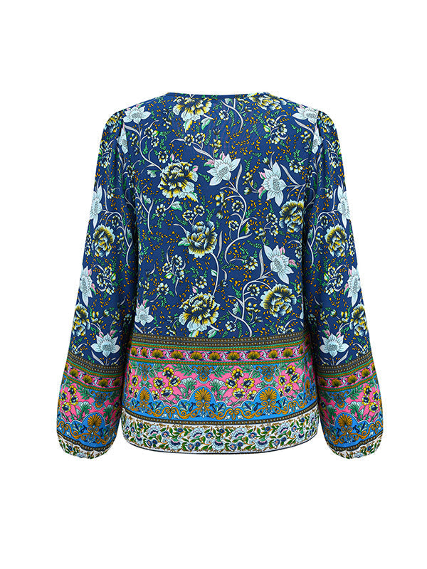 Elasticity Flower Print Tied Long Sleeves Loose V-Neck Blouses&Shirts Tops