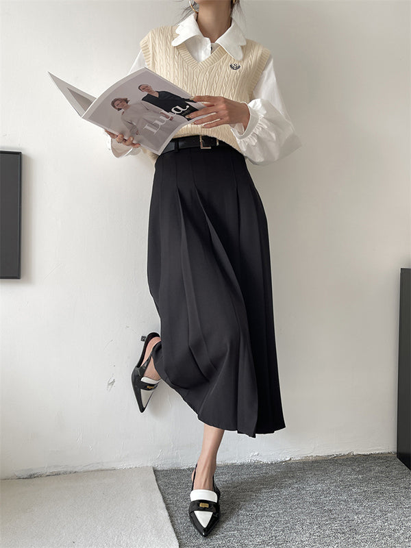 Pleated Solid Color Split-Joint A-Line High Waisted Skirts