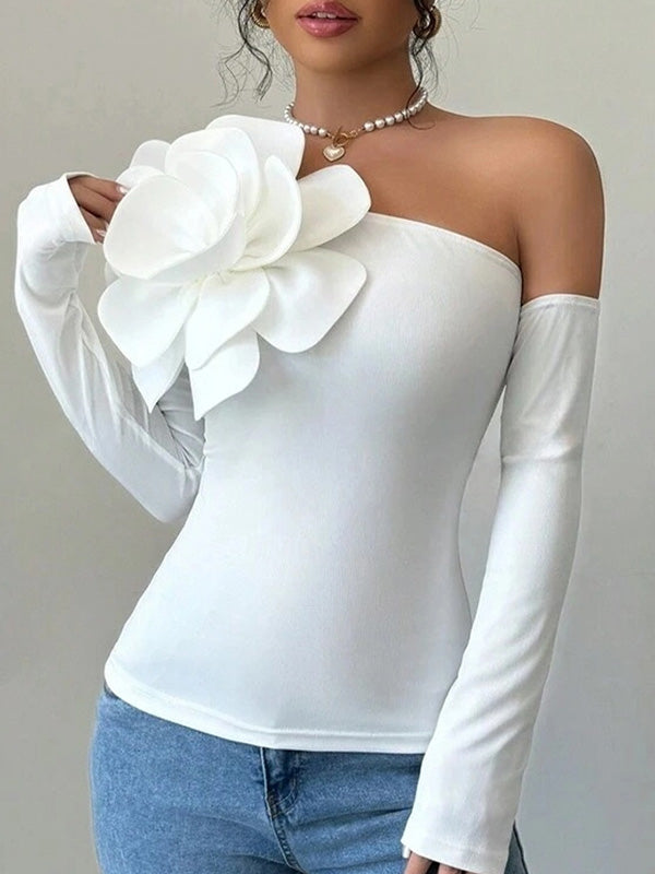 Solid Color Three-Dimensional Flower Long Sleeves Skinny One-Shoulder T-Shirts Tops